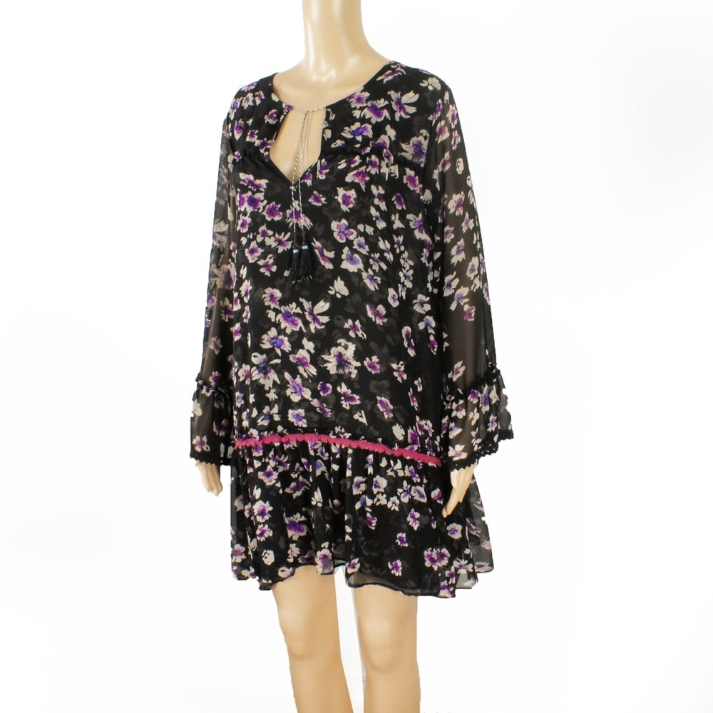 Misa Gallo Floral Black Boho Drop Waist Sheer Long Sleeve Mini Dress - Picture 5 of 10